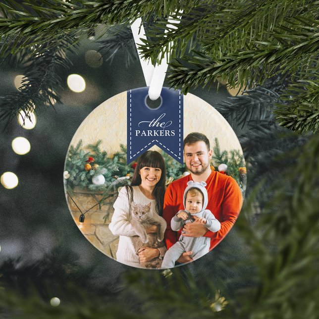 Navy Ribbon | Personalised Holiday Photo Ornament (Creator Uploaded)