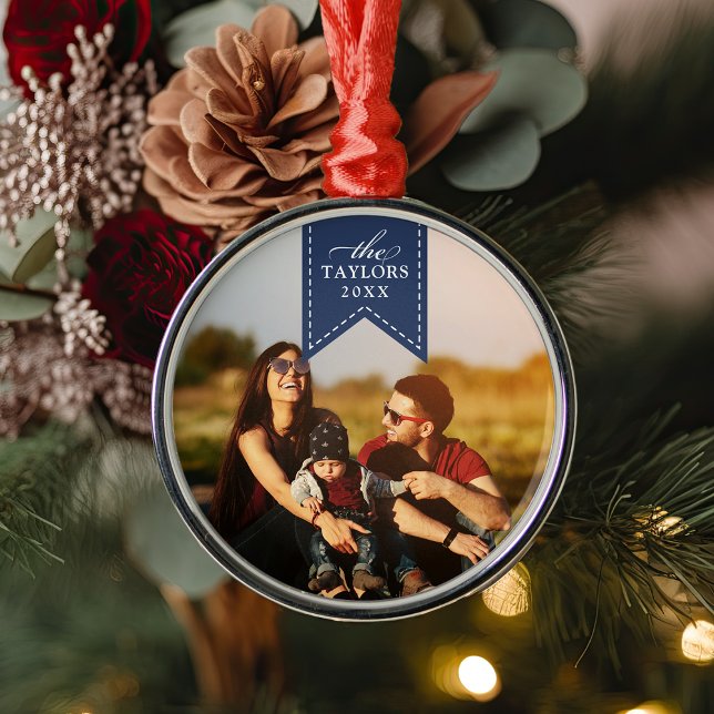 Navy Ribbon | Personalised Name & Year Photo Metal Tree Decoration (Creator Uploaded)