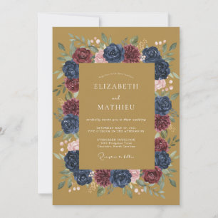 Navy Rich Botanical Autumnal Wedding Invitation