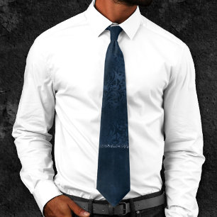 Navy Romance Dark Blue Satin Grunge Rose Damask Tie