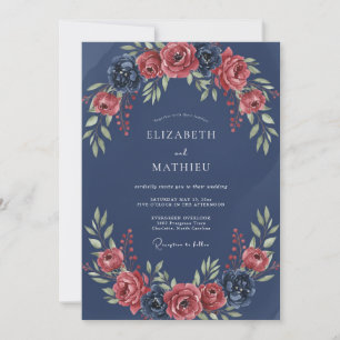 Navy Romantic Floral Garland Wedding Invitation