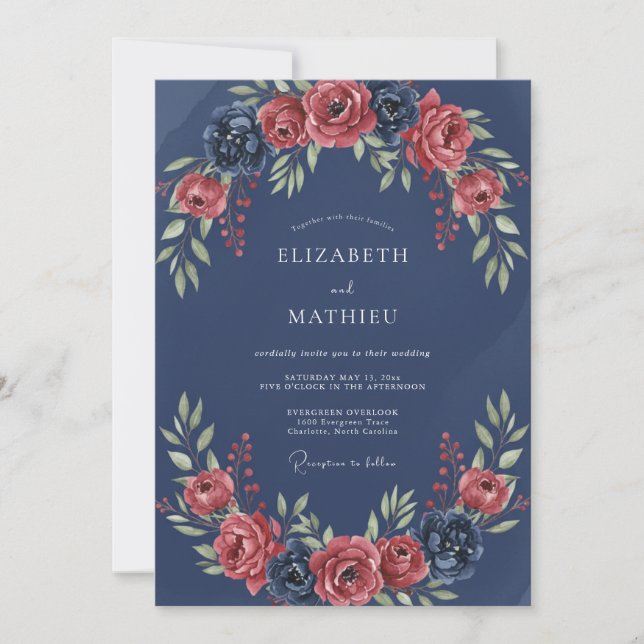 Navy Romantic Floral Garland Wedding Invitation (Front)