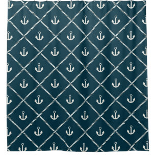Navy Rope And Anchor Pattern Shower Curtain