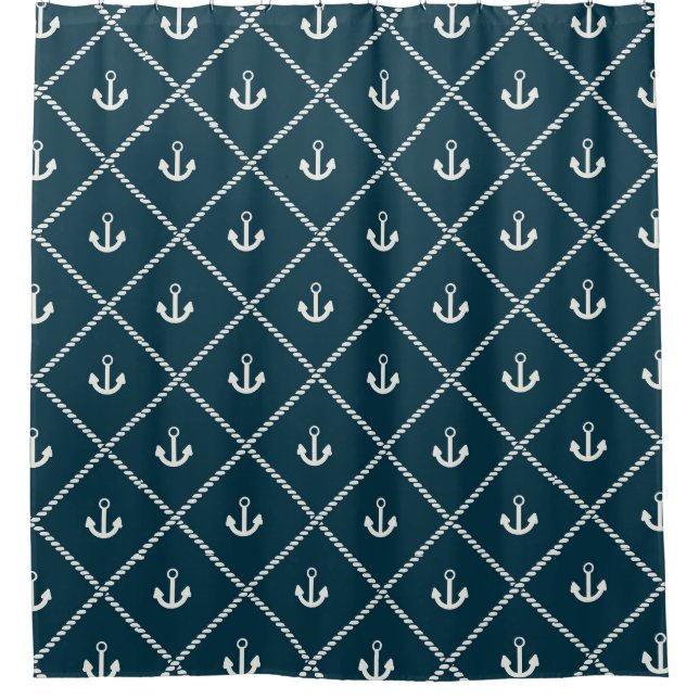 Navy Rope And Anchor Pattern Shower Curtain (Front)