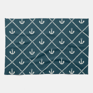 Navy Rope And Anchor Pattern Tea Towel