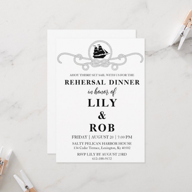 navy rope nautical rehearsal dinner invitations (Front/Back In Situ)