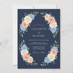 Navy Rose Blush Blossom Wedding Invitation