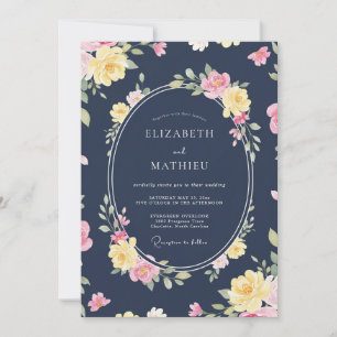 Navy Rose Botanical Embrace Wedding Invitation