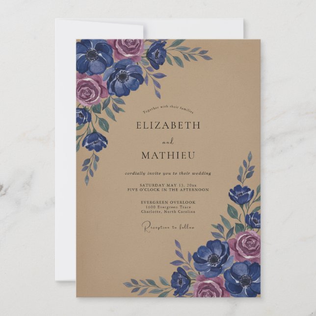 Navy Rose Botanical Flourish Wedding Invitation (Front)