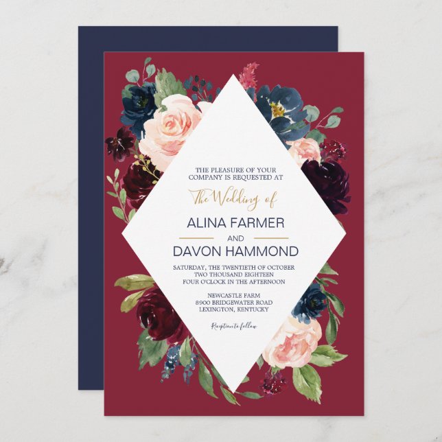 Navy Rose Burgundy Botanical Frame II Wedding Invitation (Front/Back)