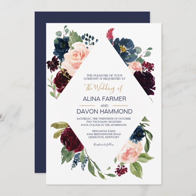 Navy Rose Burgundy Botanical Frame Wedding Invitation (Front/Back)