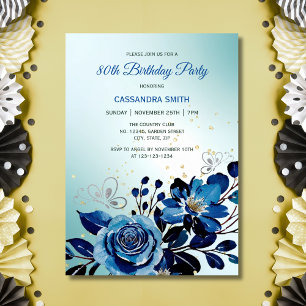 Navy Rose Butterfly Gold Glitter Green Birthday Invitation