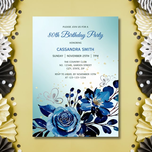 Navy Rose Butterfly Gold Glitter Green Birthday  Invitation (Creator Uploaded)