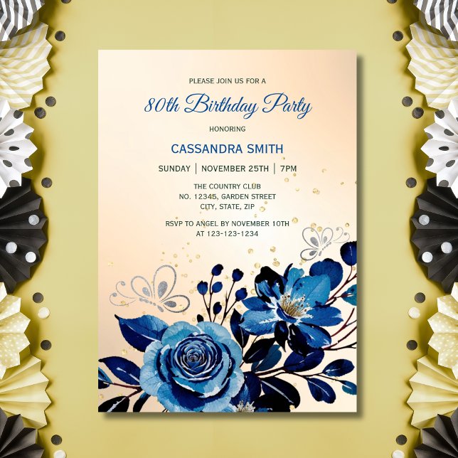 Navy Rose Butterfly Gold Glitter Peach Birthday  Invitation (Creator Uploaded)