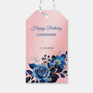 Navy Rose Butterfly Gold Glitter Pink Birthday Gift Tags