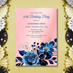 Navy Rose Butterfly Gold Glitter Pink Birthday Invitation