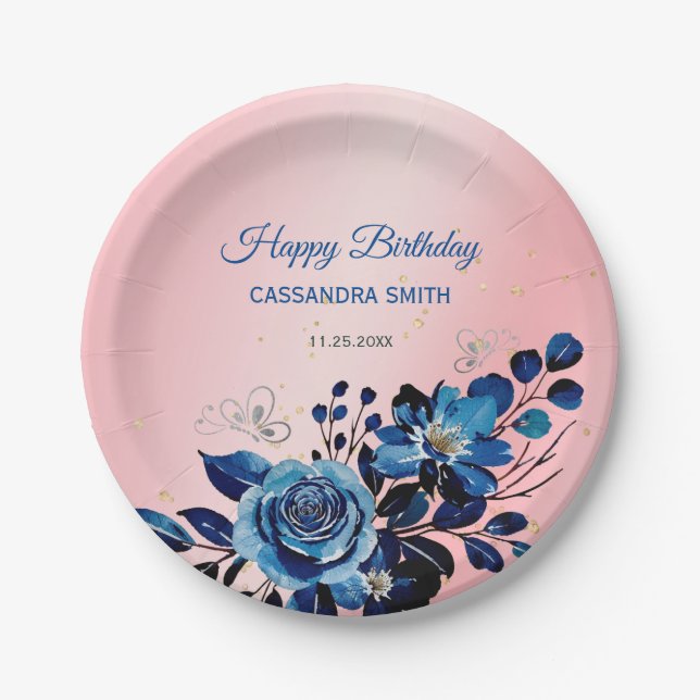 Navy Rose Butterfly Gold Glitter Pink Birthday  Paper Plate (Front)