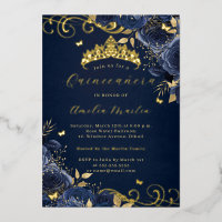 Navy Rose Floral Gold Swirl Quinceanera