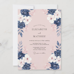 Navy Rose Floral Watercolor Wedding Invitation