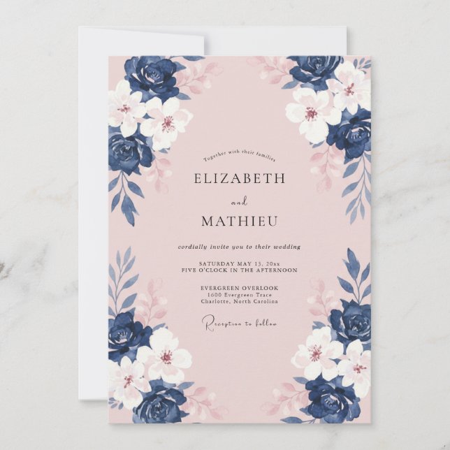 Navy Rose Floral Watercolor Wedding Invitation (Front)