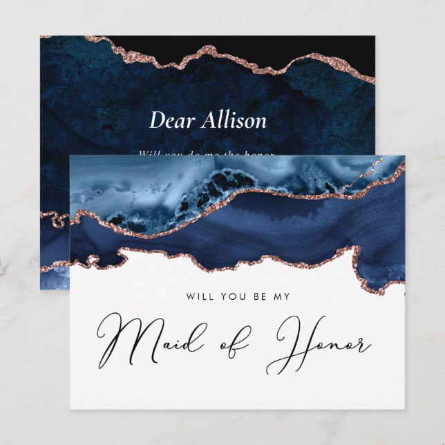 navy rose gold agate will you be my maid of honour invitation postcard (Front/Back)