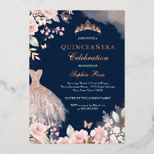 Navy Rose Gold Blush Dress Floral Quinceanera 