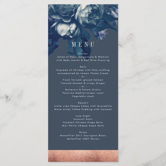 Navy Rose Gold Bouquet Wedding Menu (Front)