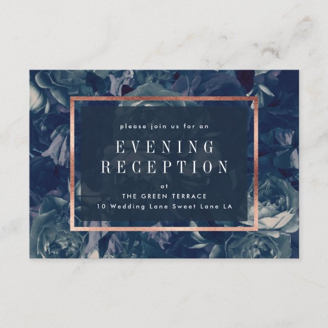 Navy Rose Gold Bouquet Wedding Reception Card (Front)