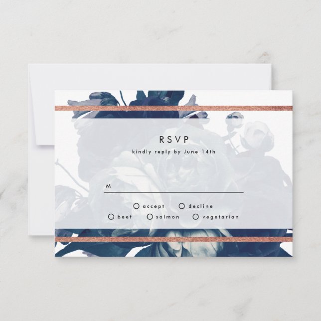 Navy Rose Gold Bouquet Wedding RSVP Card (Front)