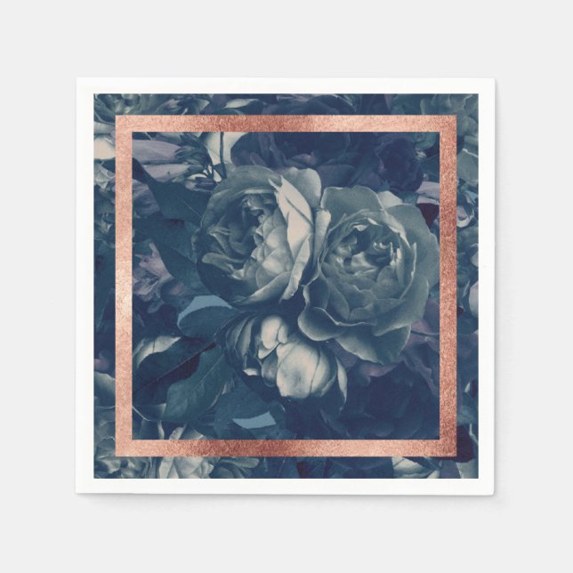 Navy Rose Gold Bouquet Wedding Table Napkins (Front)
