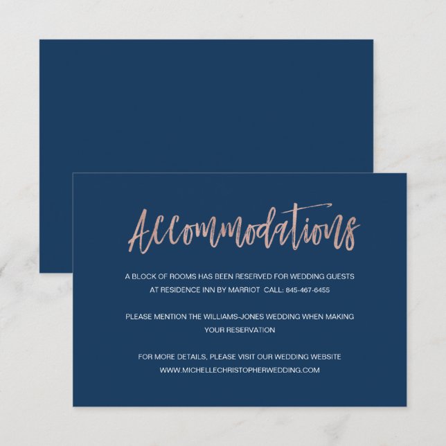 Navy & Rose Gold Chic Wedding Accommodations Card (Front/Back)