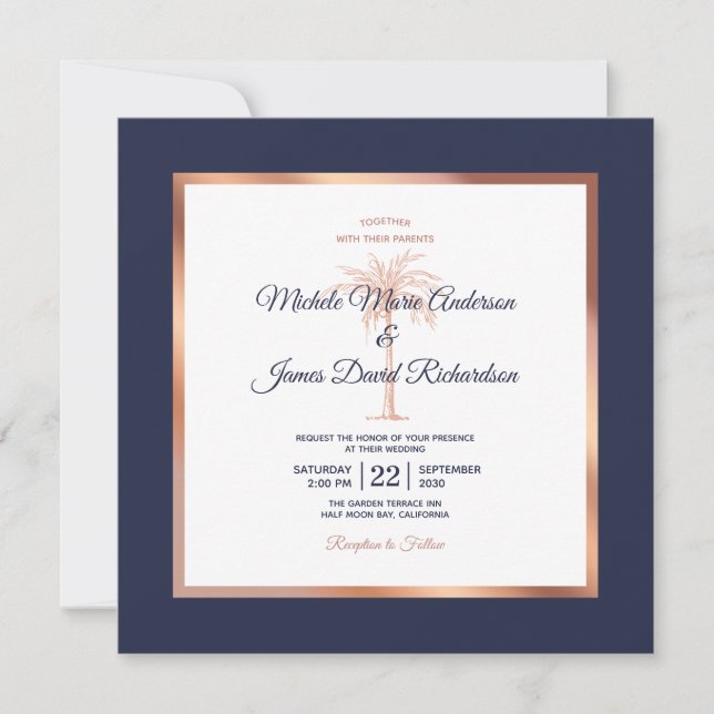 Navy Rose Gold Copper Palm Tree Beach Wedding Invitation (Front)