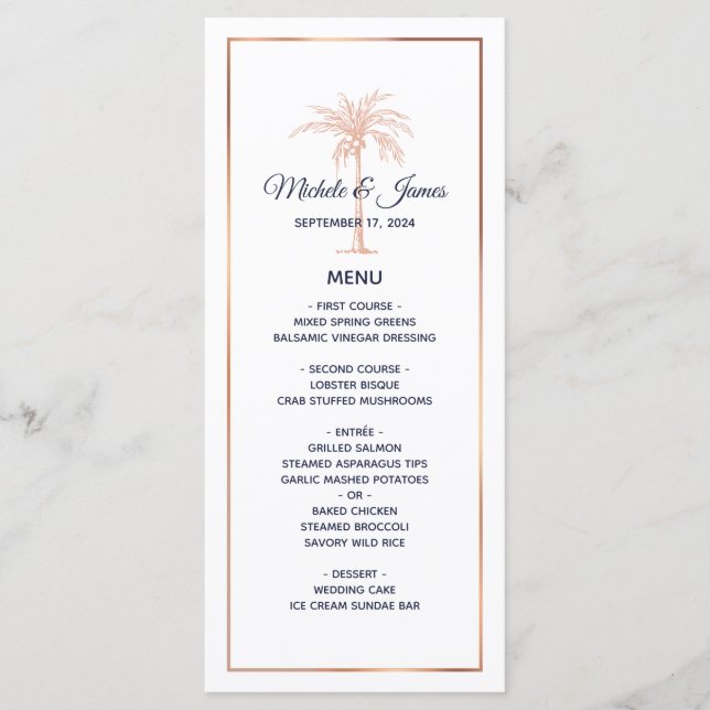 Navy Rose Gold Copper Palm Tree Beach Wedding Menu (Front)