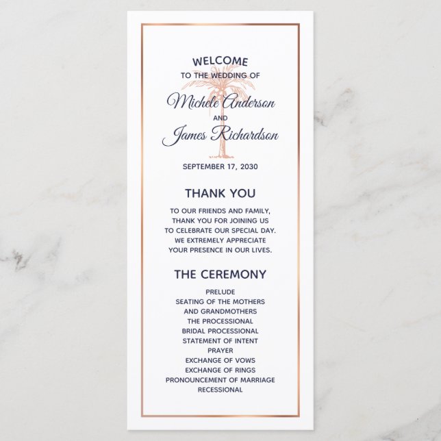 Navy Rose Gold Copper Palm Tree Modern Wedding Programme (Front)