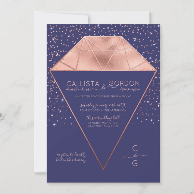 Navy Rose Gold Diamond Confetti Glitter Wedding Invitation (Front)