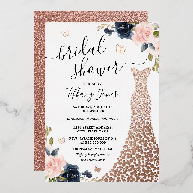Navy Rose Gold Dress Bridal Shower Foil Invitation (Front/Back)