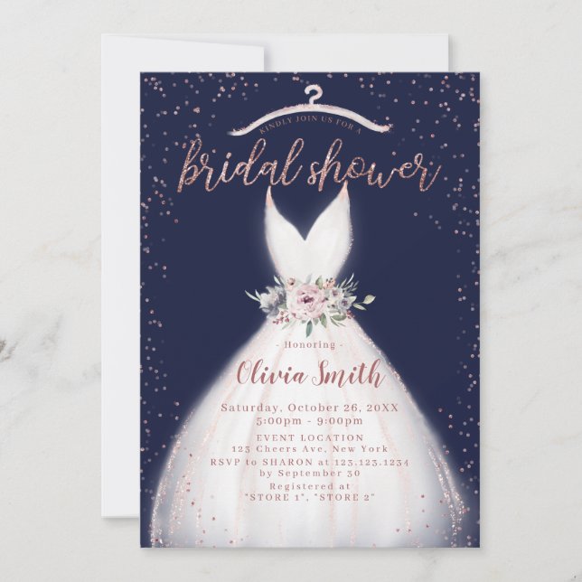 Navy Rose Gold Elegant Dress Bridal Shower Invitat Invitation (Front)