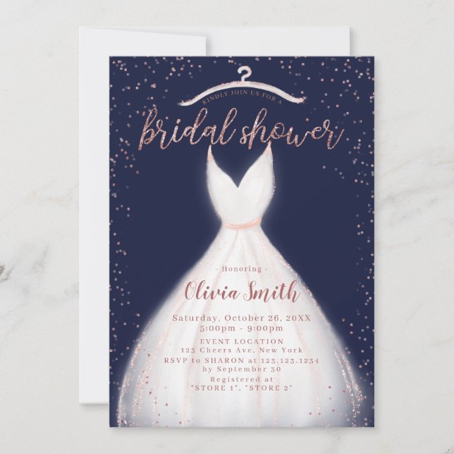 Navy Rose Gold Elegant Dress Bridal Shower Invitation (Front)