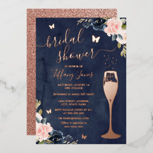 Navy Rose Gold Floral Bubbly Bridal Shower