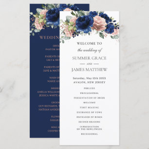 Navy Rose Gold Floral Greenery Boho Wedding Programme