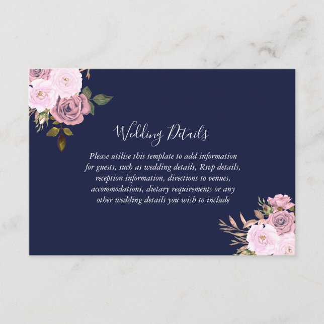 Navy Rose Gold Floral Wedding Reception Details Enclosure Card (Front)