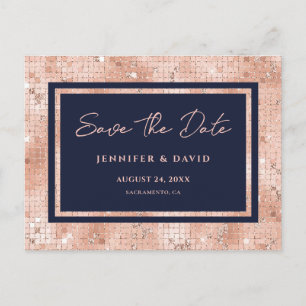 Navy Rose Gold Foil Glitter Wedding Save The Date Announcement Postcard
