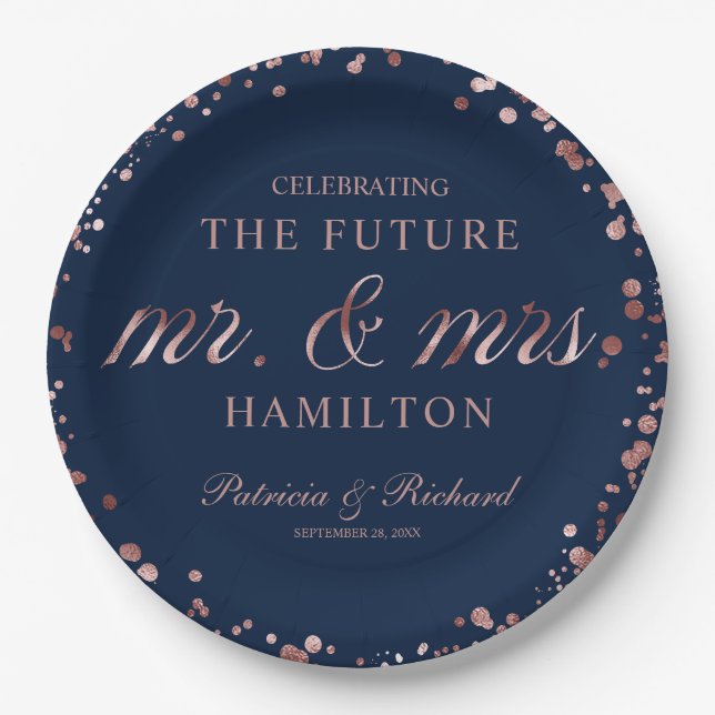 Navy Rose Gold Future Mr and Mrs Engagement Party Paper Plate (Front)