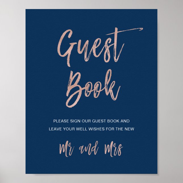 Navy & Rose Gold Glam Chic Wedding Guestbook Sign (Front)