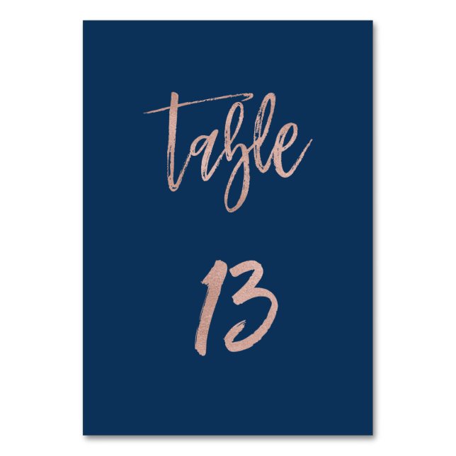 Navy & Rose Gold Glam Chic Wedding Table Number 13 (Front)