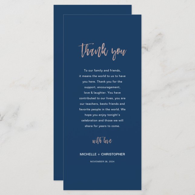 Navy & Rose Gold Glam Chic Wedding Thank You Card  (Front/Back)