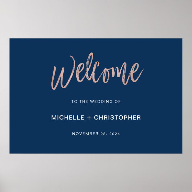 Navy & Rose Gold Glam Chic Wedding Welcome Sign (Front)