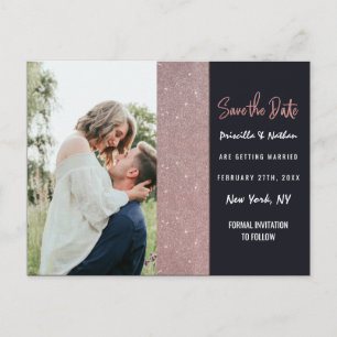Navy Rose Gold Glitter Colour Block Save the Date Announcement Postcard