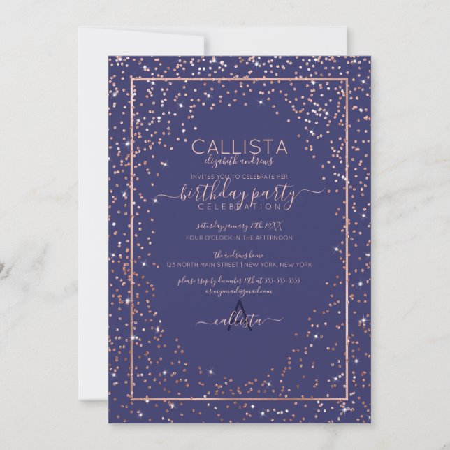 Navy Rose Gold Glitter Confetti Border Birthday Invitation (Front)