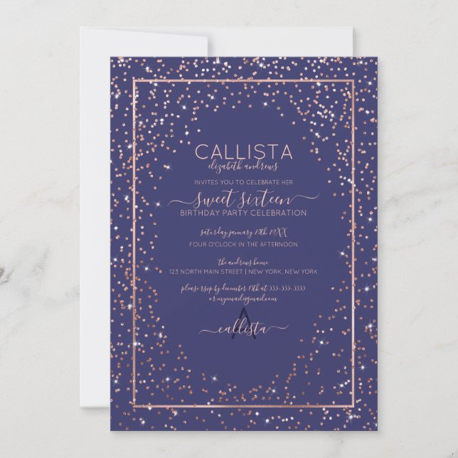Navy Rose Gold Glitter Confetti Border Sweet 16 Invitation (Front)